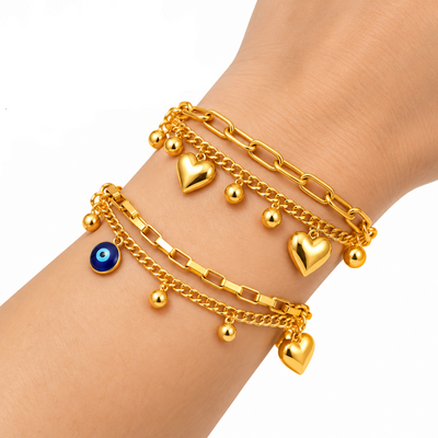 Golden Heart Charm & Golden Evil Eye Bracelet