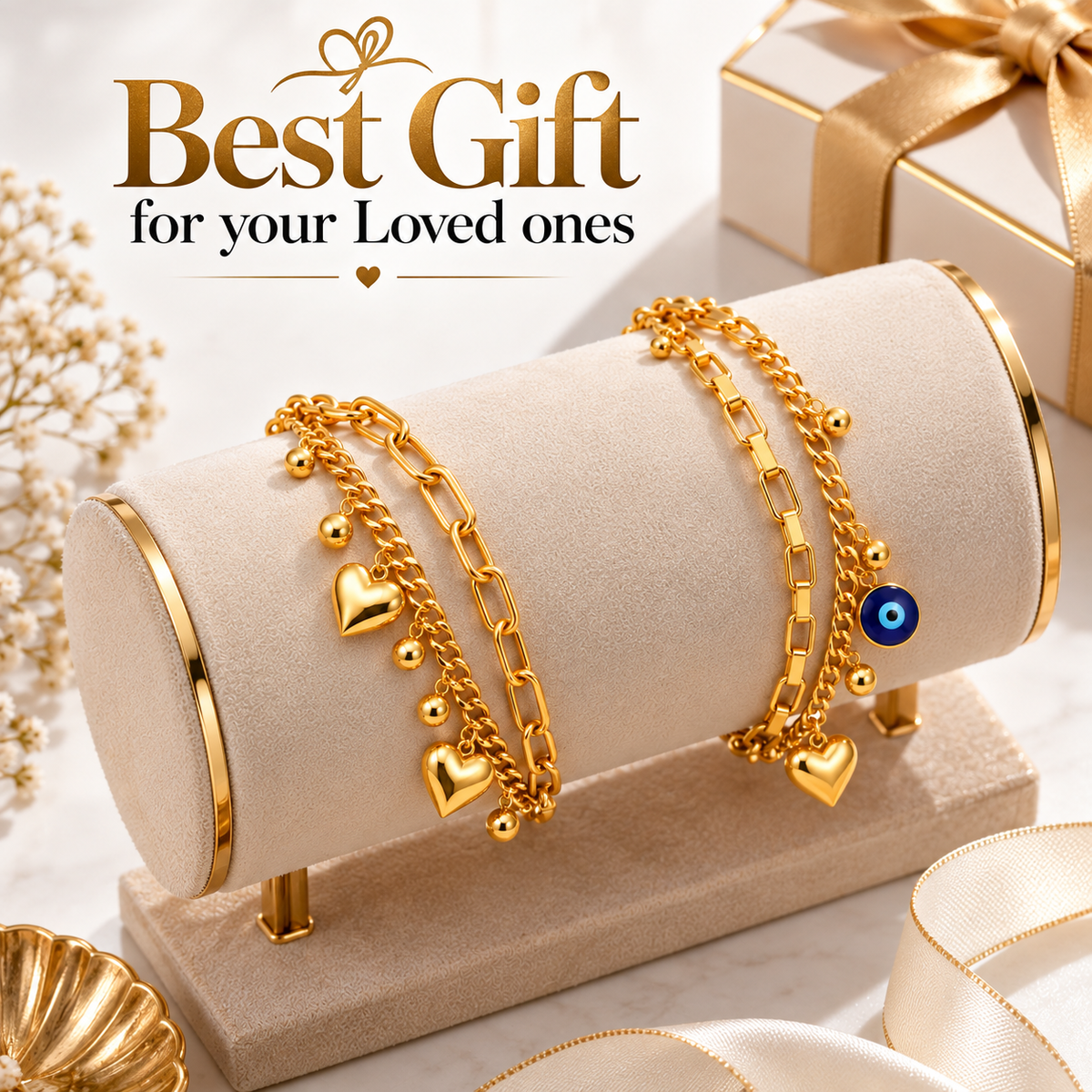 Golden Heart Charm Bracelet & Golden Evil Eye Bracelet