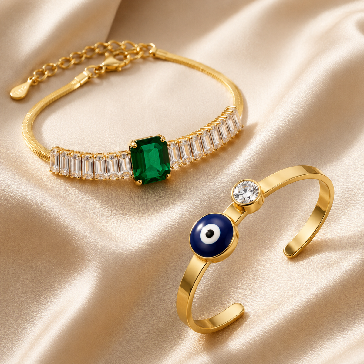 TEOT™ Emerald Luxe Bracelet & Gold-Plated Evil Eye Bracelet | Free Premium Jewelry box