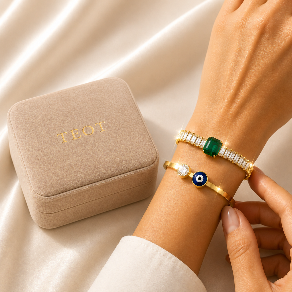 TEOT™ Emerald Luxe Bracelet & Gold-Plated Evil Eye Bracelet | Free Premium Jewelry box