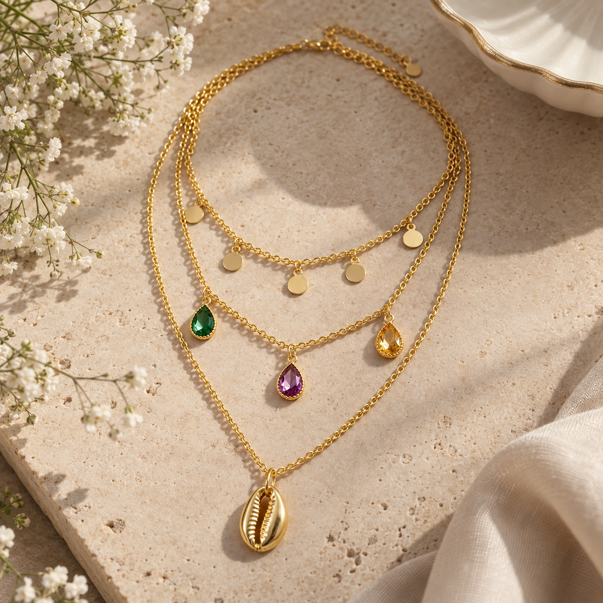 TEOT™ Gold-Plated Multilayered Crystal Charms Necklace | Free Premium Jewelry Box