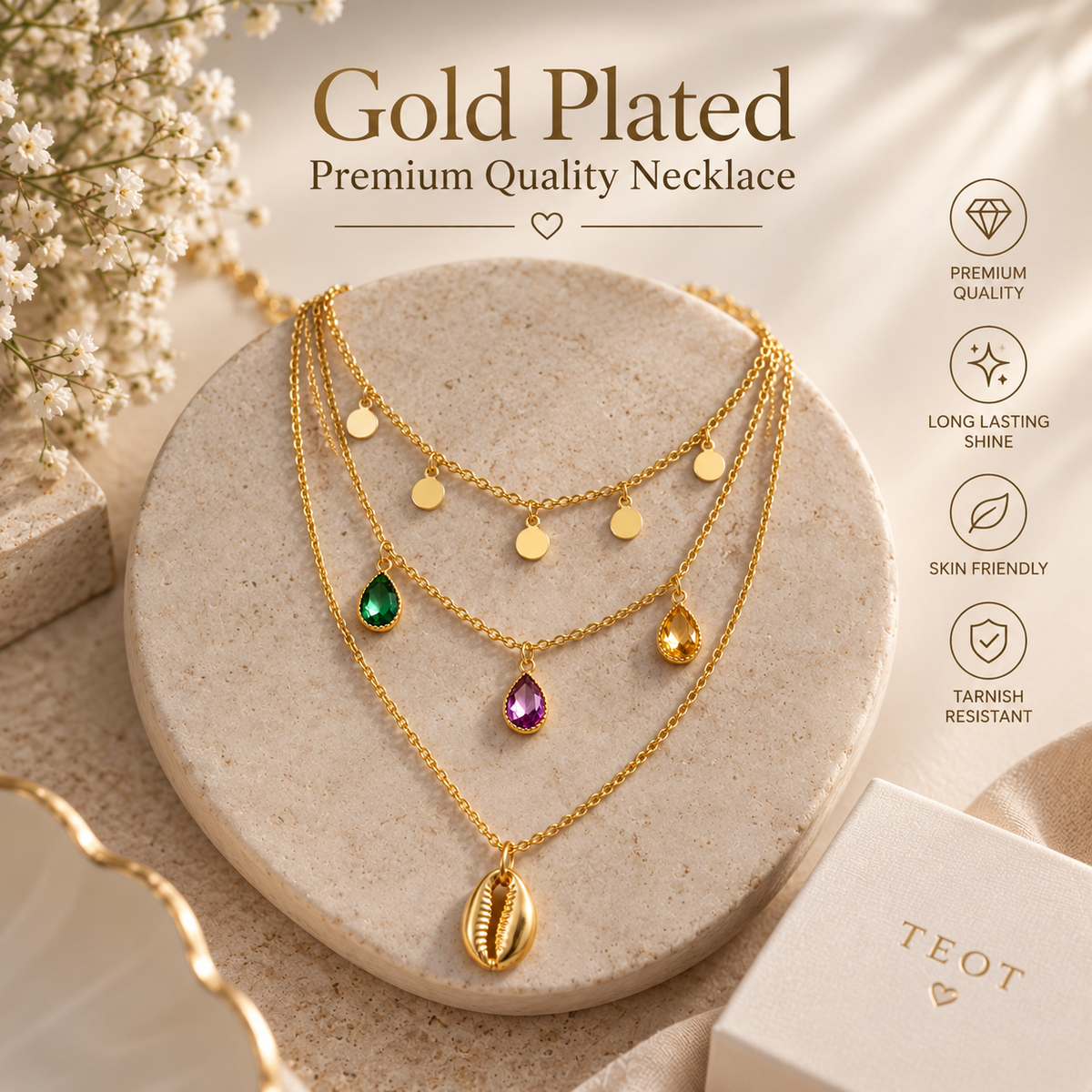 TEOT™ Gold-Plated Multilayered Crystal Charms Necklace | Free Premium Jewelry Box