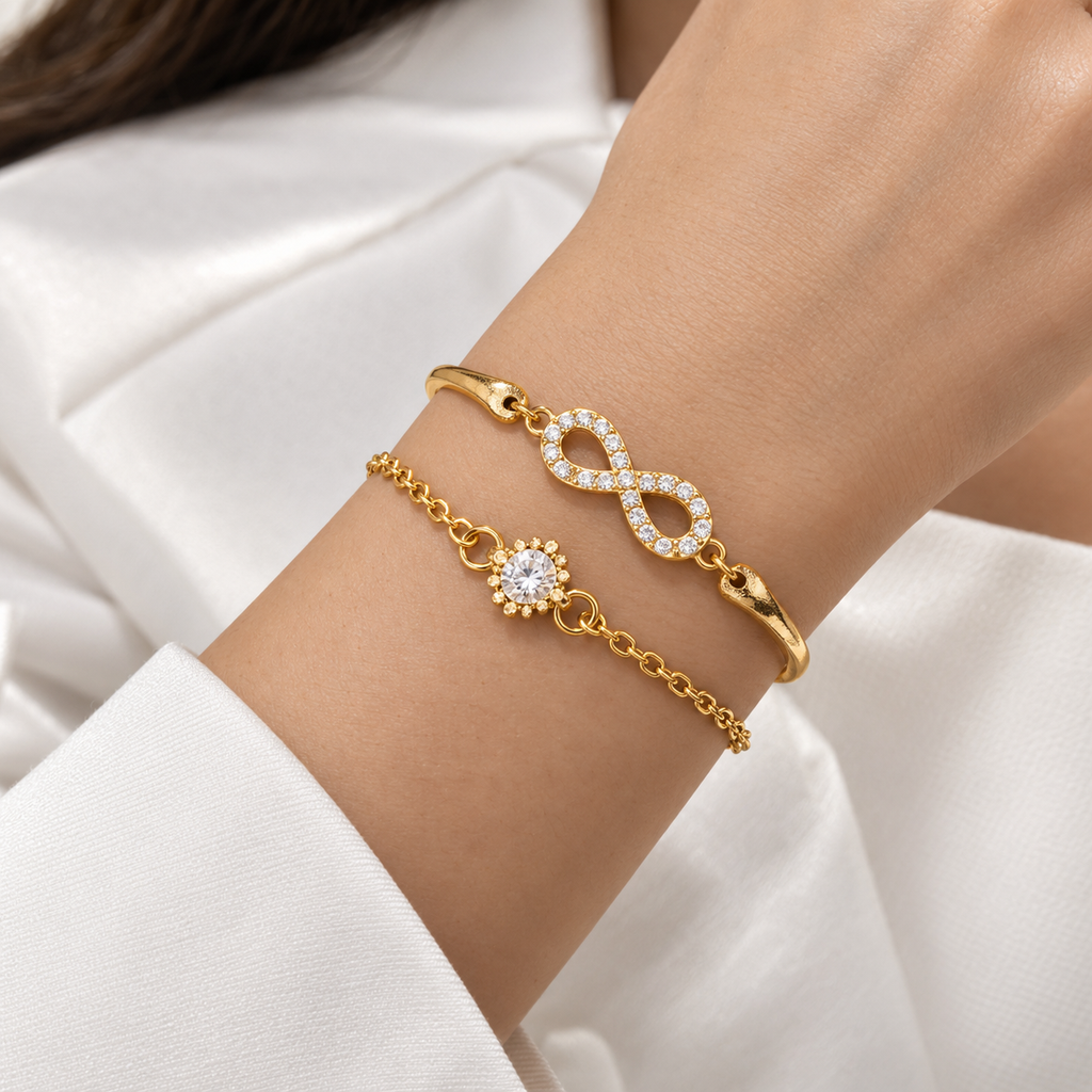 TEOT™  Gold-Plated Infinity & Solitaire Adjustable Bracelet Duo | Free Premium Jewelry Box