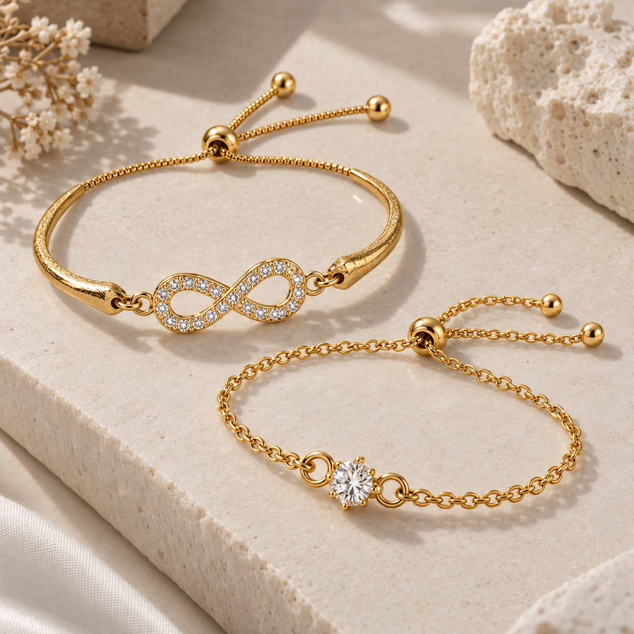 TEOT™  Gold-Plated Infinity & Solitaire Adjustable Bracelet Duo | Free Premium Jewelry Box