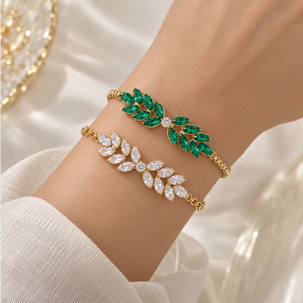 TEOT™  Emerald & Crystal Leaf Adjustable Bracelet Set | Free Premium Jewelry box