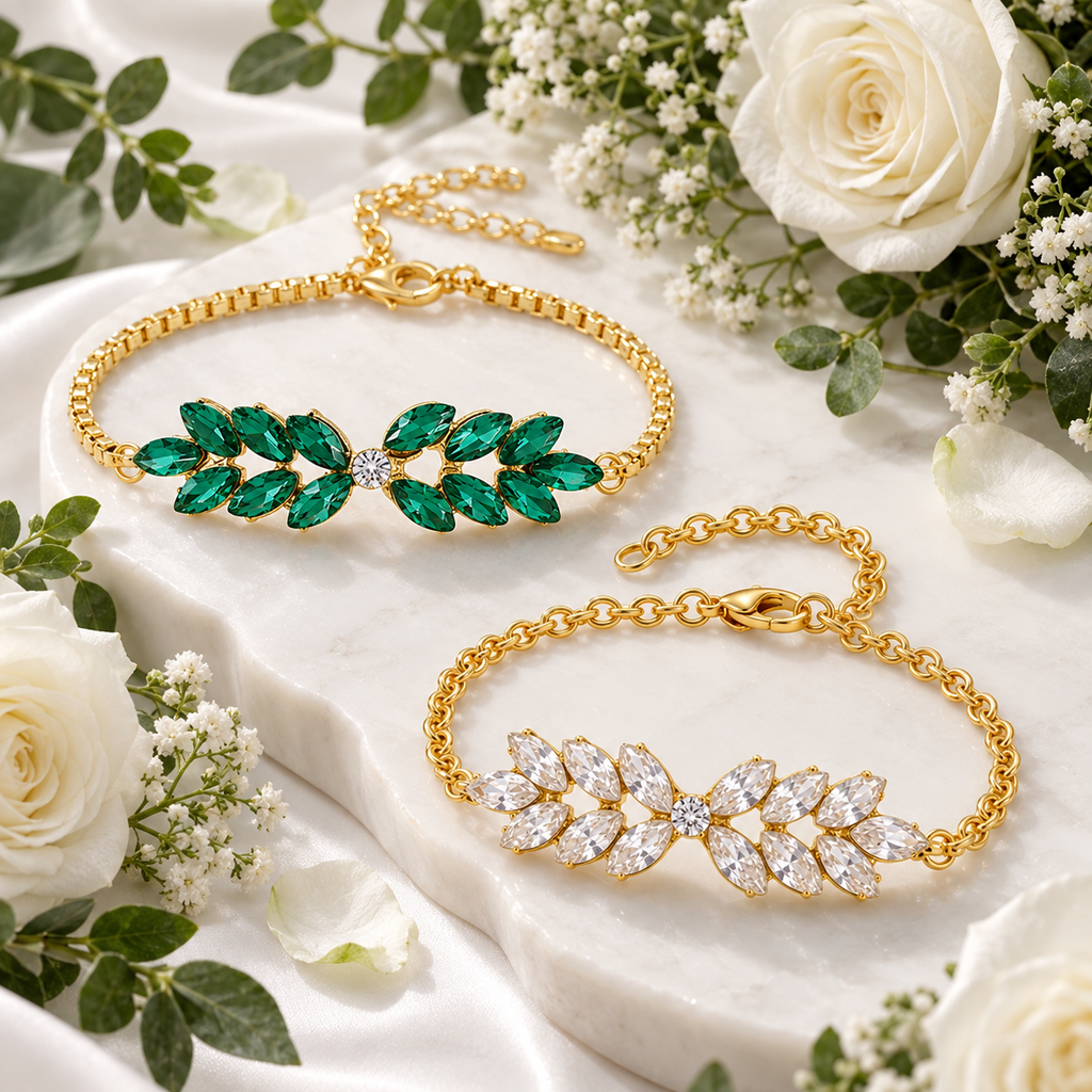 TEOT™  Emerald & Crystal Leaf Adjustable Bracelet Set | Free Premium Jewelry box