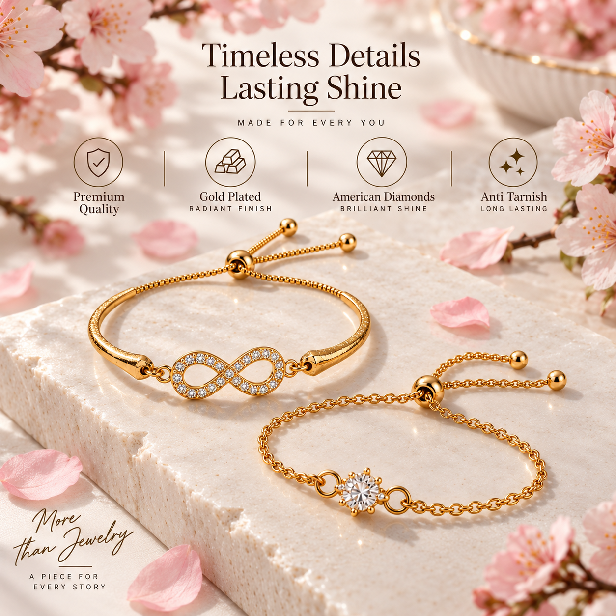 TEOT™  Gold-Plated Infinity & Solitaire Adjustable Bracelet Duo | Free Premium Jewelry Box