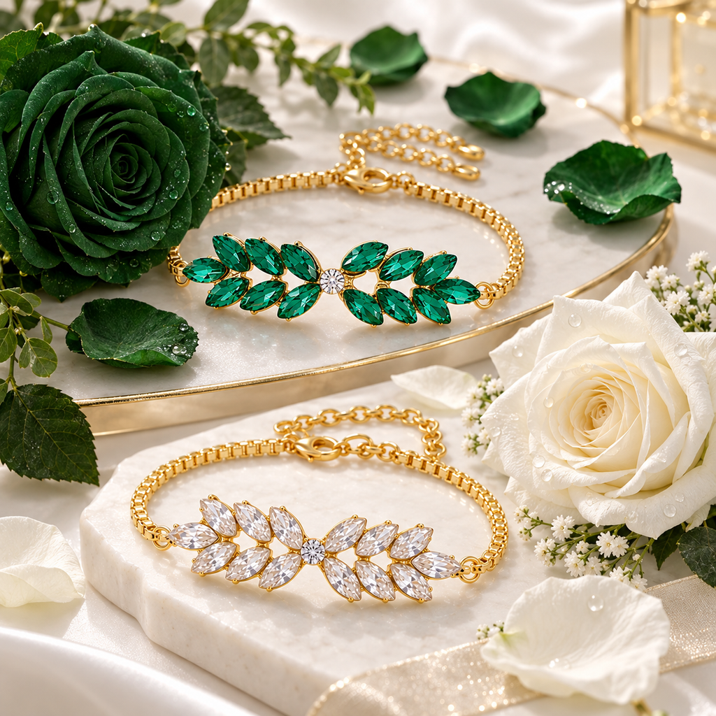 TEOT™  Emerald & Crystal Leaf Adjustable Bracelet Set | Free Premium Jewelry box