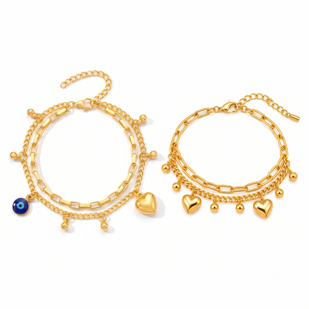 Golden Heart Charm Bracelet & Golden Evil Eye Bracelet