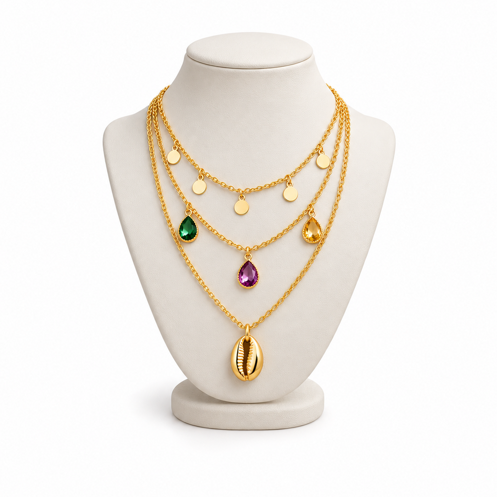 TEOT™ Gold-Plated Multilayered Crystal Charms Necklace | Free Premium Jewelry Box